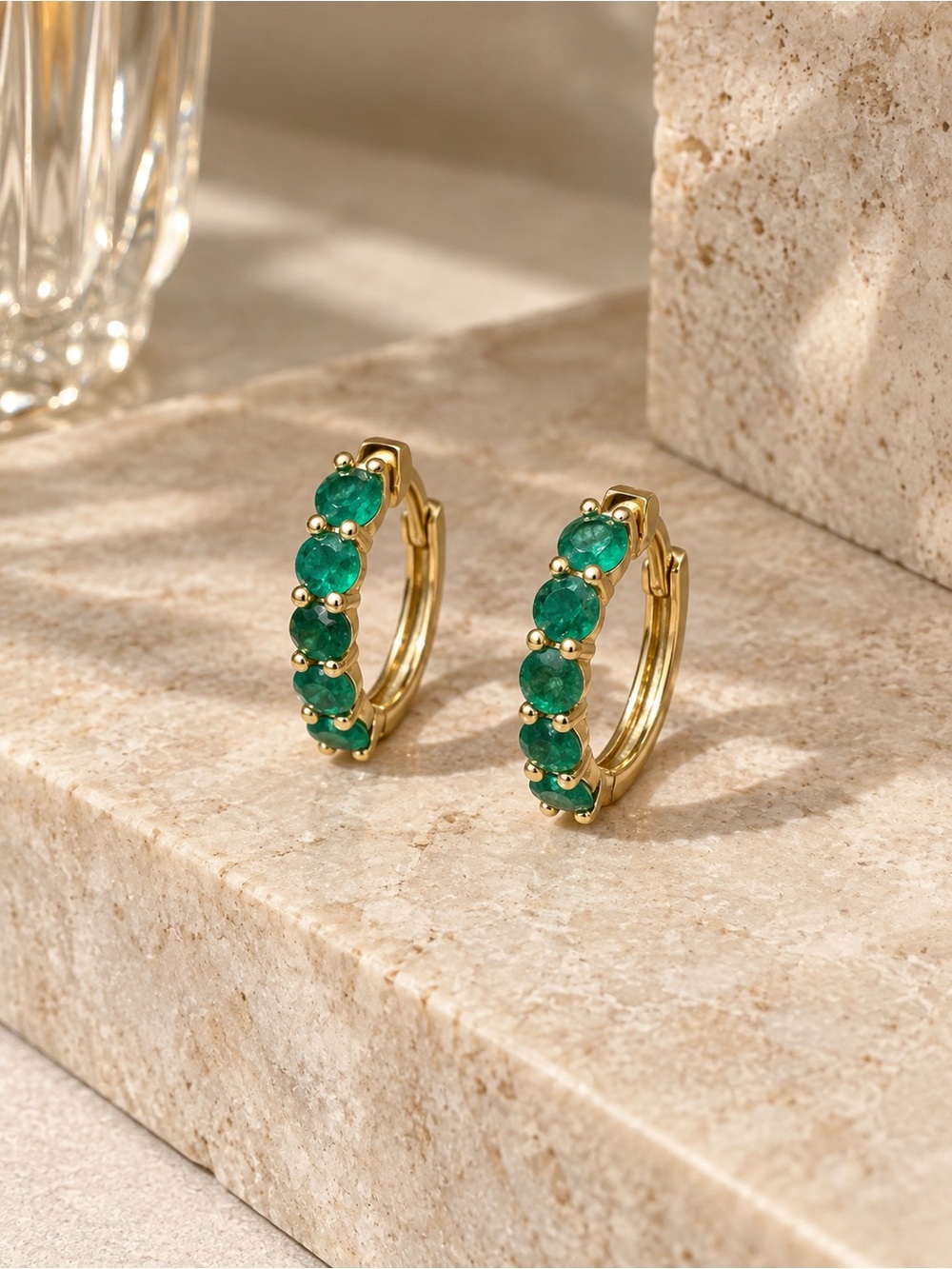 14K Yellow Gold 585 Emerald Huggie Hoop Earrings